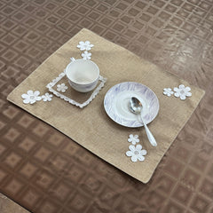 Jute Tolley Mat Set With Cute Flowers - Brown