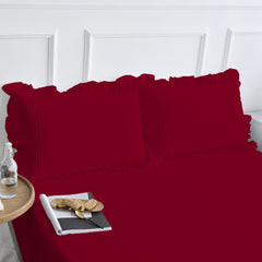 Cotton Fitted Sheet With Frilled Pillow Cover- Red