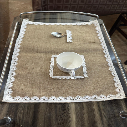 Jute Tolley Mat Set With Cute Lace - Brown