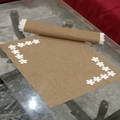 Jute Tolley Mat Set With sequance Flowers - Brown