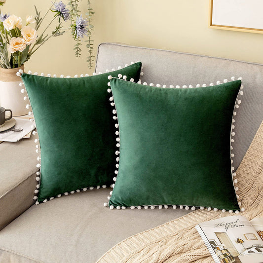 Pack Of 2 Velvet Decorative with Cute Pom - Poms Cushions - 99 Bedding Store