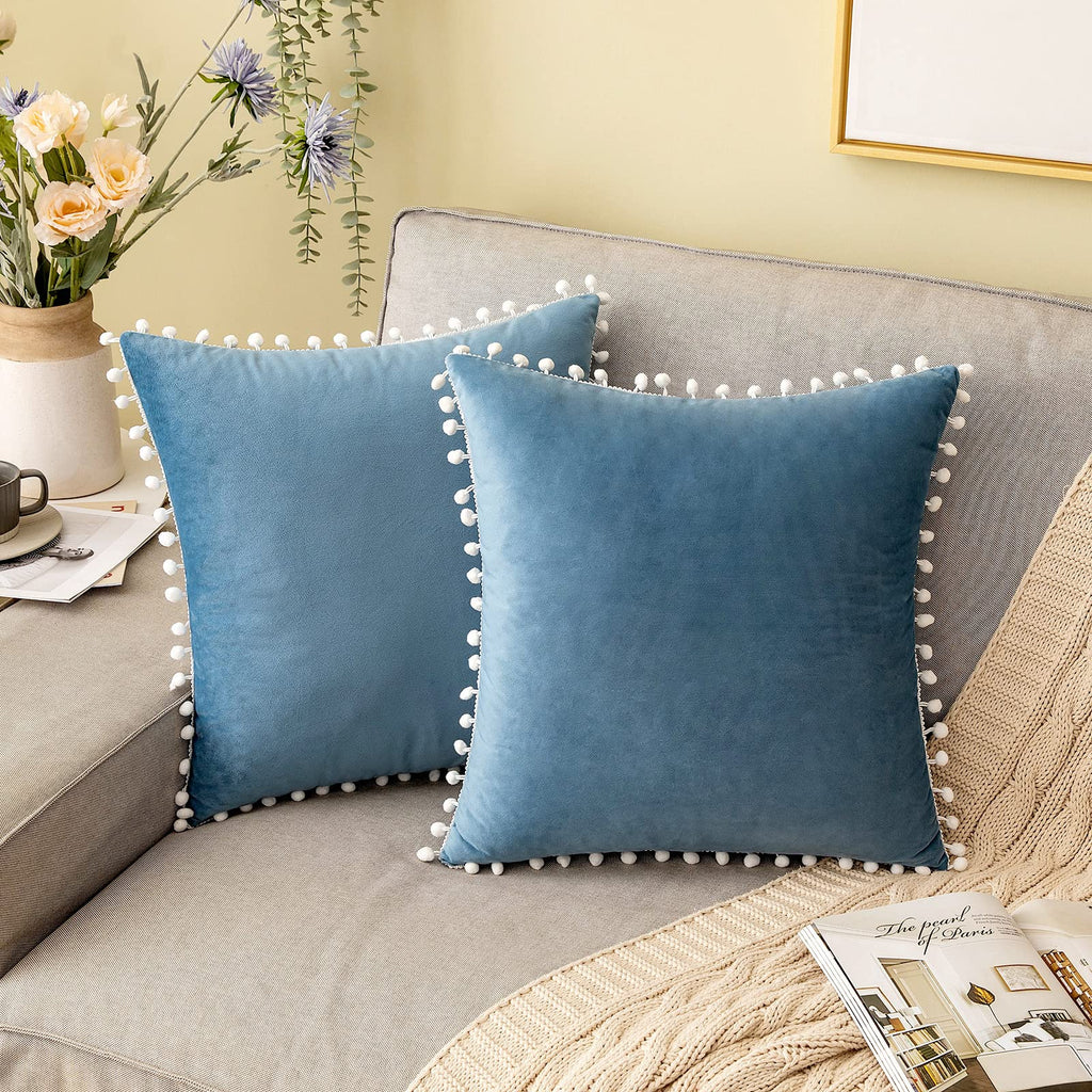 Pack Of 2 Velvet Decorative with Cute Pom - Poms Cushions - 99 Bedding Store