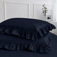 Cotton Fitted Sheet With Frilled Pillow Cover- Navy