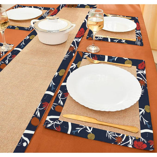 Jute Dinning Set With Border- Blue Blossom
