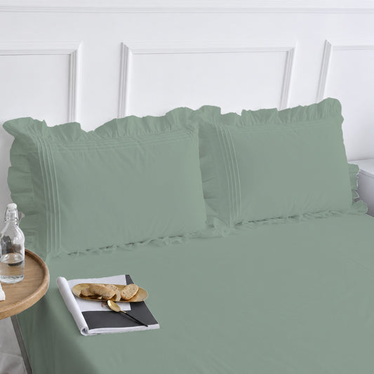 Cotton Fitted Sheet With Frilled Pillow Cover- Sage Green