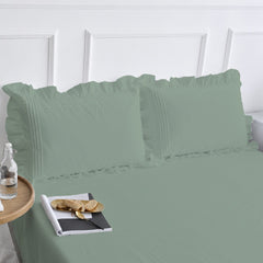 Cotton Fitted Sheet With Frilled Pillow Cover- Sage Green