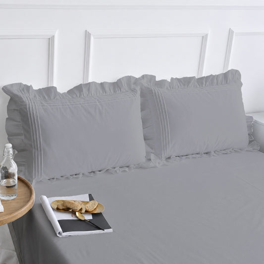 Cotton Fitted Sheet With Frilled Pillow Cover- Silver