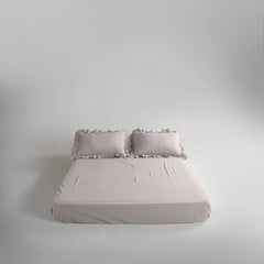 Cotton Fitted Sheet With Frilled Pillow Cover-Light Beige