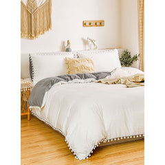 Reversable Cotton Duvet Cover Set With Pom Pom -