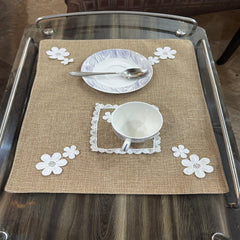 Jute Tolley Mat Set With Cute Flowers - Brown