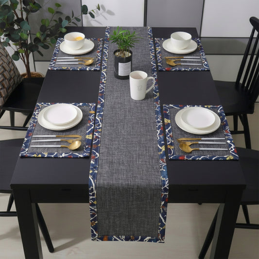 Charcoal Grey Jute Dinning Set With Printed Border-
