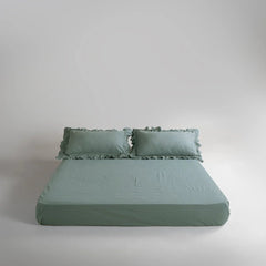 Cotton Fitted Sheet With Frilled Pillow Cover-Light Green
