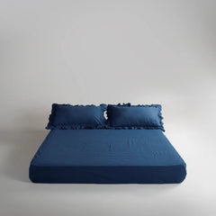 Cotton Fitted Sheet With Frilled Pillow Cover -Navy Blue
