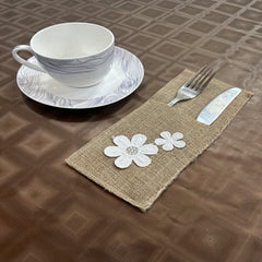 Jute Tolley Mat Set With Cute Flowers - Brown