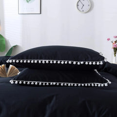 Luxury Cotton Duvet Cover Set With Pom Pom - Black