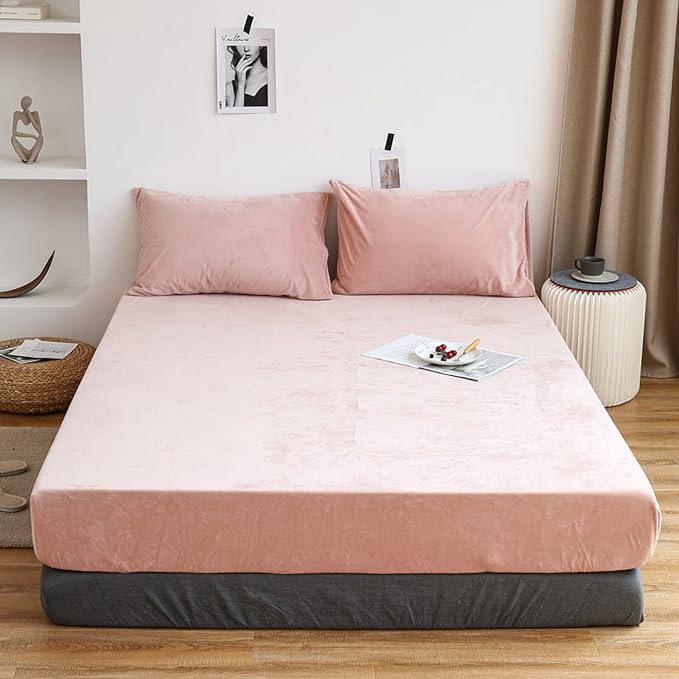 Velvet Fitted Sheet Set - Soft Pink - 99 Bedding Store