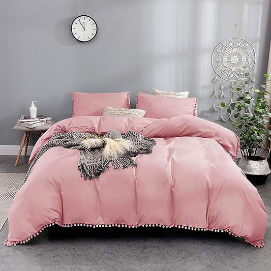 Luxury Cotton Satin Pom Fringe Duvet Cover Set-Pink - 99 Bedding Store