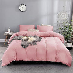 Luxury Cotton Satin Pom Fringe Duvet Cover Set-Pink - 99 Bedding Store