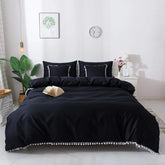 Luxury Cotton Duvet Cover Set With Pom Pom - Black