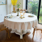 Cotton Satin Decorative Round Tablecloth With Tesals- Light Beige