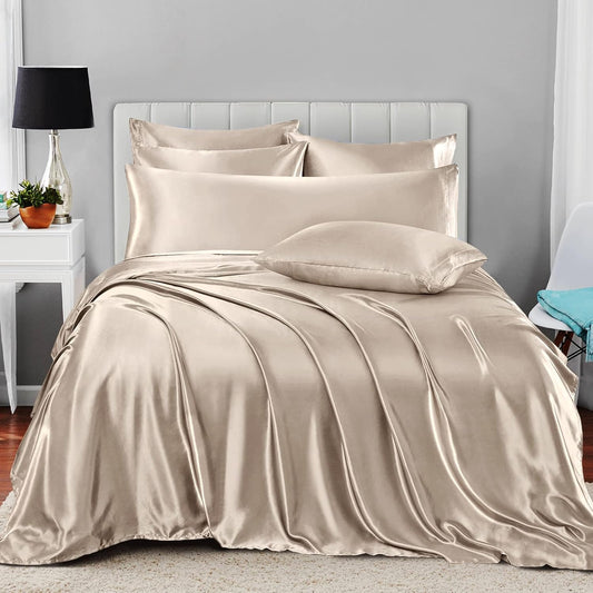 Luxury Cotton Satin 6 Pcs Flat Fitted sheet and Duvet Cover Set -