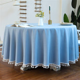 Cotton Satin Decorative Round Tablecloth With Tesals- Blue