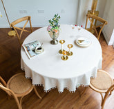 Cotton Satin Decorative Round Tablecloth With Tesals- Off White