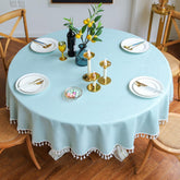 Cotton Satin Decorative Round Tablecloth With Tesals- Sky Blue