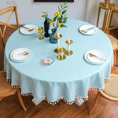 Cotton Satin Decorative Round Tablecloth With Tesals- Sky Blue