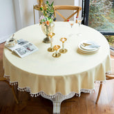 Cotton Satin Decorative Round Tablecloth With Tesals- Creem