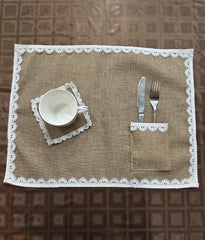 Jute Tolley Mat Set With Cute Lace - Brown