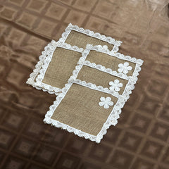 Jute Tolley Mat Set With Cute Flowers - Brown