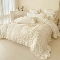 Luxury Satin 400 Tc Ruffle With Pom Poms and Pleated Duvet Cover White