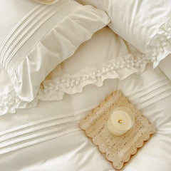 Luxury Satin 400 Tc Ruffle With Pom Poms and Pleated Duvet Cover White