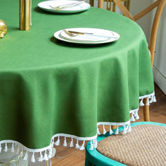Cotton Satin Decorative Round Tablecloth With Tesals- Dark Green