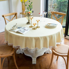 Cotton Satin Decorative Round Tablecloth With Tesals- Creem