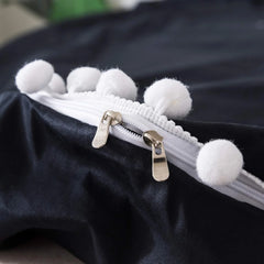 Luxury Cotton Duvet Cover Set With Pom Pom - Black