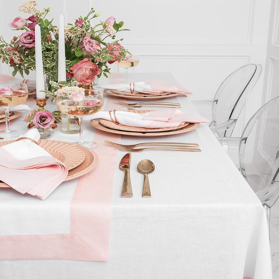 Cotton Luxury Dining Set Mited Corner Bordered - Pink and White - 99 Bedding Store