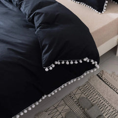 Luxury Cotton Duvet Cover Set With Pom Pom - Black