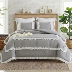 Dyed Frilled Cotton Duvet Cover Set-007