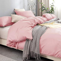 Luxury Cotton Satin Pom Fringe Duvet Cover Set-Pink - 99 Bedding Store
