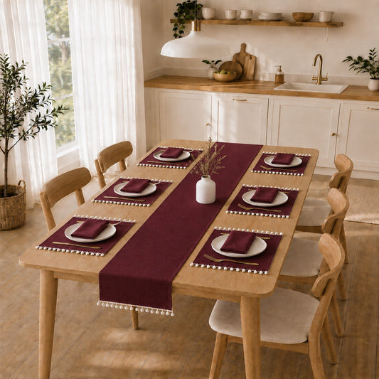 Luxury Cotton Dinning Set With Cute Pom pom - Burgundy
