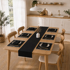 Luxury Cotton Dinning Set With Cute Pom pom - Black
