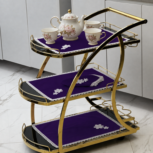 9 PCS TROLLEY MAT AND NAPKIN SET WITH LACE -DARK PURPLE