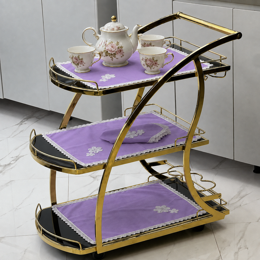 9 PCS TROLLEY MAT AND NAPKIN SET WITH LACE - LILAC