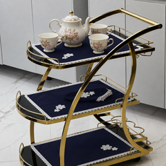 9 PCS TROLLEY MAT AND NAPKIN SET WITH LACE -NAVY BLUE