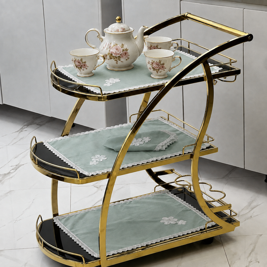 9 PCS TROLLEY MAT AND NAPKIN SET WITH LACE -SEA GREEN