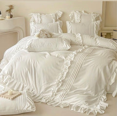 Luxury Satin 400 Tc Ruffle With Pom Poms and Pleated Duvet Cover White