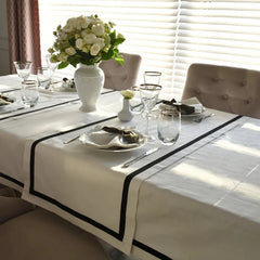 Luxury White Cotton Dining Set with Black Stripe Border