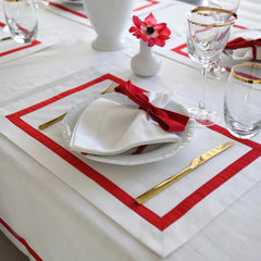 Luxury White Cotton Dining Set with Red Stripe Border